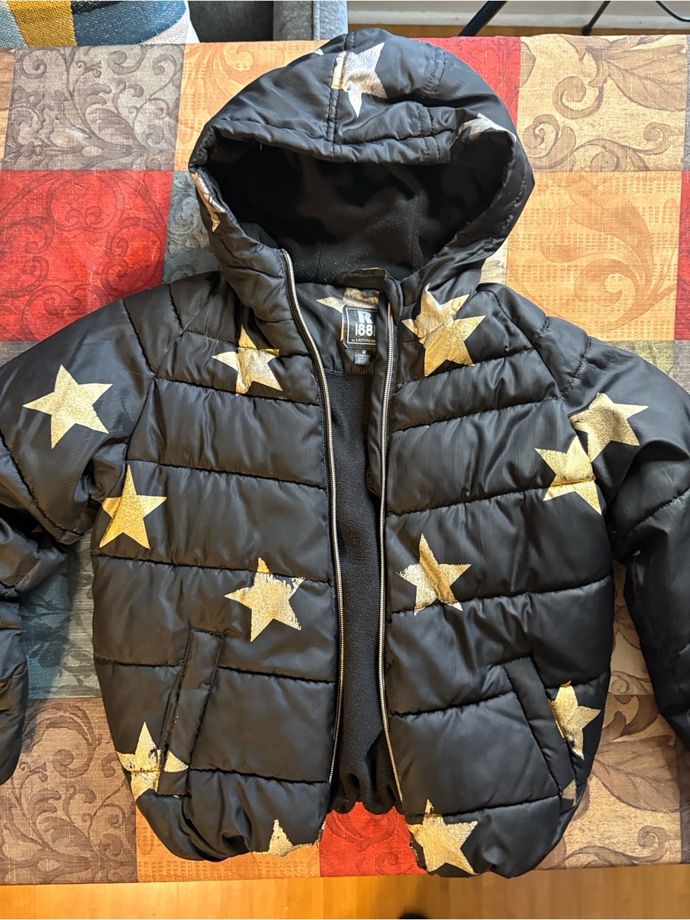Rothschild Black Hooded Puffer Jacket with Gold Stars size 10/12